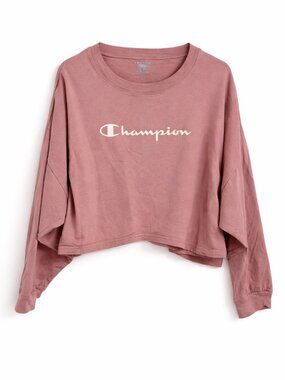 Champion Cropped Sweatshirt Pink Logo Long Sleeve Top Women Oversized Athleisure